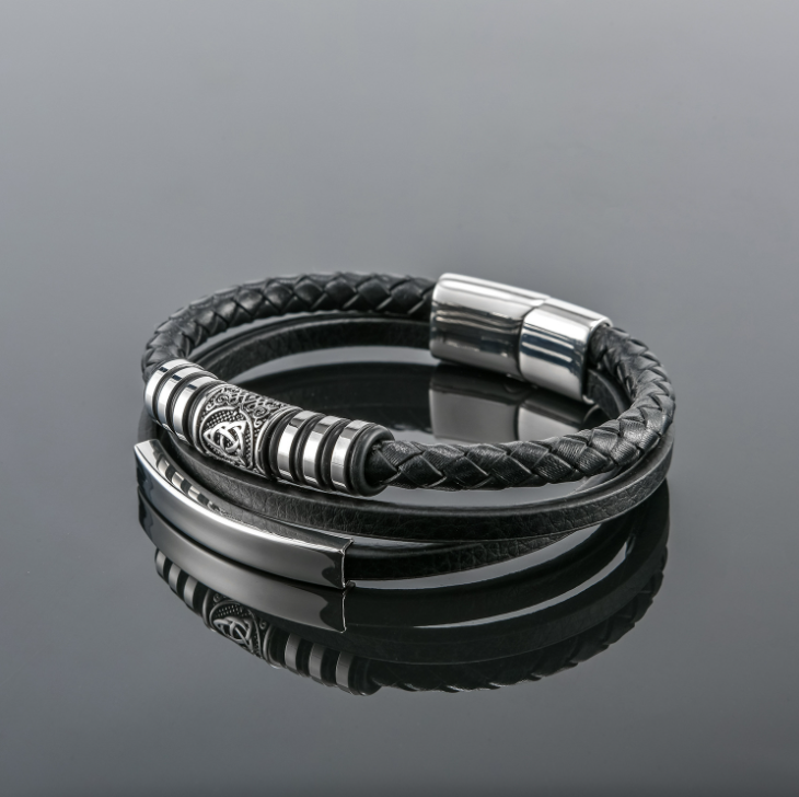 Armband Viking Special. Valknut Läder Svart (Pu). Dubbelt 21 cm