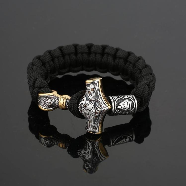 Armband Svart. Thors Hammer Silver / Guldfärg