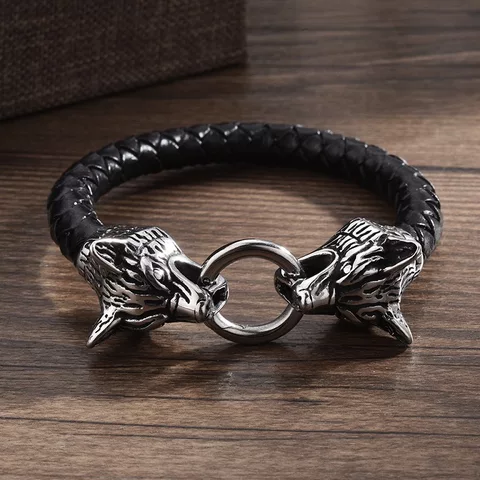 Armband Viking Wolf 3 Läderarmband Svart 21 cm