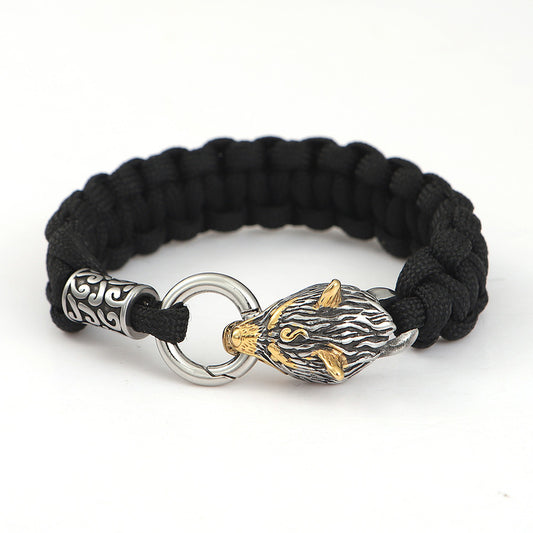 Armband Svart. Wolf Head. Silver / Guldfärg
