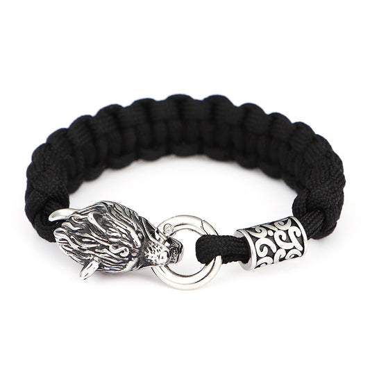 Armband Svart. Wolf Head. Silverfärgad